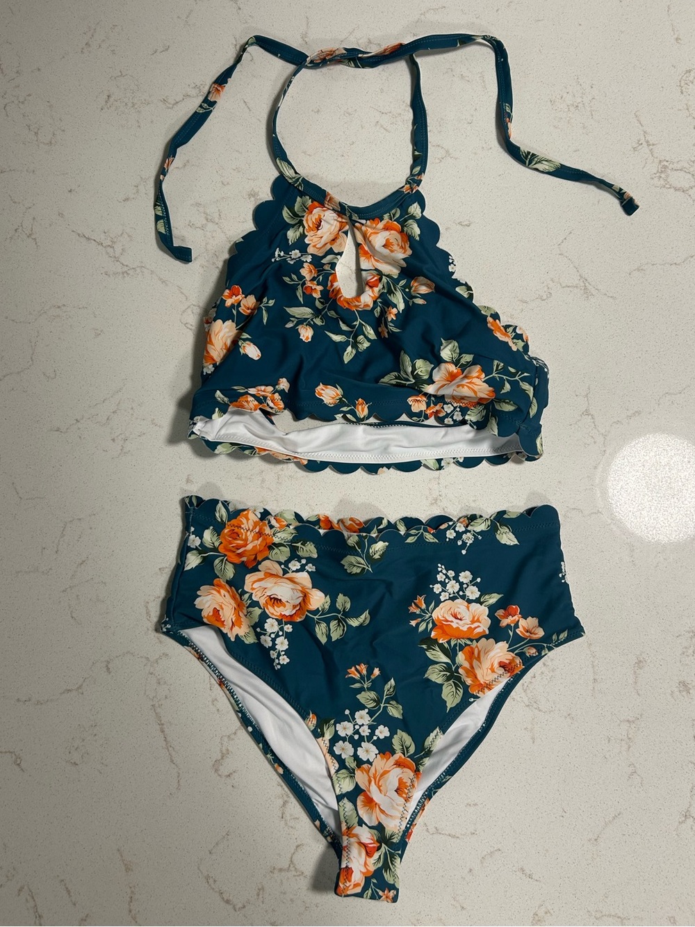 Cupshe Teal Floral High-Neck Scallop Bikini Set